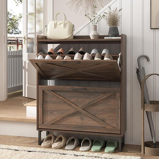 Maupvit Shoe Storage Cabinet with 2 Flip Drawers, Freestanding Organizer with Metal Legs for Entryway, Narrow Shoe Rack Cabinet, Dark Walnut by MaupvitFurniture