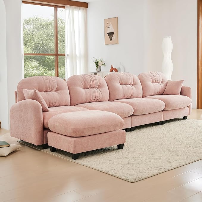 KEIKI 140" L-Shaped Oversized Chenille Modular Sectional Sofa with 1 Ottoman, High-Density Foam Cushions, Tufted Pleated Cushion Backrest, Modern 4-Seater Couch with 2 Pillow, for Living Room, Pink