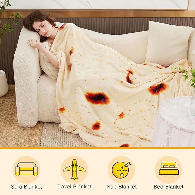 LetsFunny Burrito Tortilla Throw Blanket, 2.0 Double Sided Burritos Taco Tortilla Wrap Blankets for Adults, Giant Funny Realistic Food Blankets, Soft Flannel Round Throw Blanket, Guy Gifts for Kids