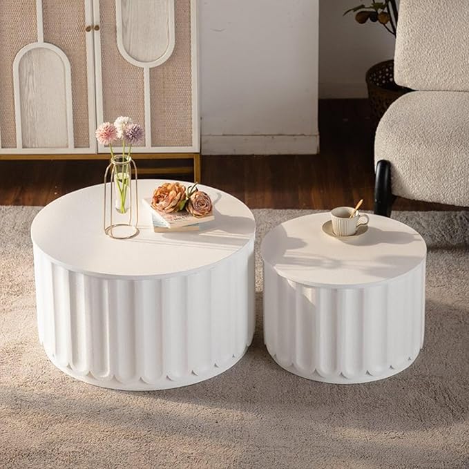kevinplus 46.46'' White Round Coffee Table Set of 2 with Storage Space & Lift-Off Lid, Modern Circle Fluted Drum Nesting Coffee Table for Living Room, No Assembly, White