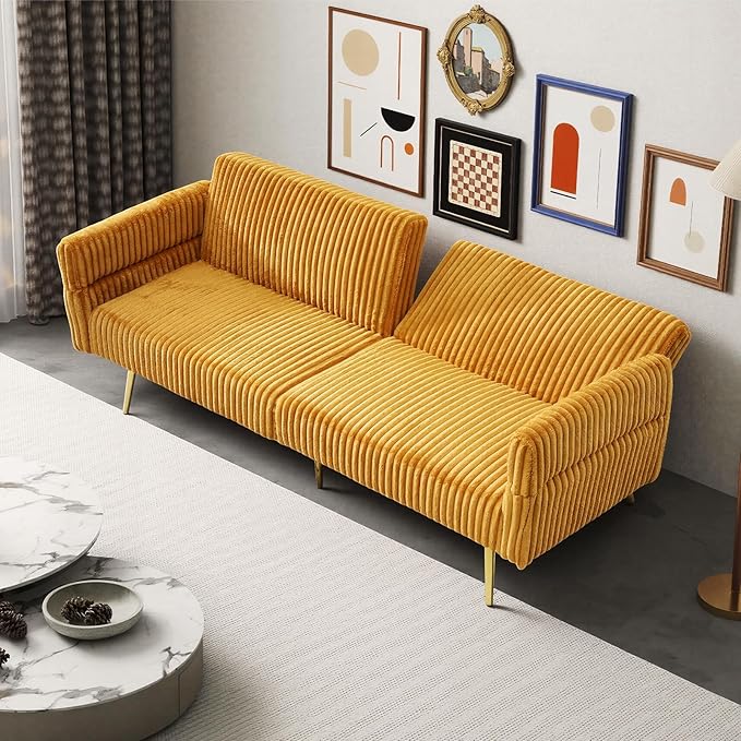 Rovibek Futon Loveseat Sofa Bed, Modern Corduroy Futon Couch with Adjustable Backrest, 2 Pillows, Convertible Futon Sofa for Small Spaces Living Room, Apartment, Guest Room, Yellow