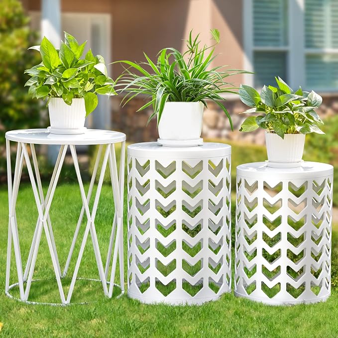 Y&M Set of 3 Metal Round Coffee Table, Side Table End Table for Indoor Outdoor Multifunctional Use, Heavy Duty Metal Plant Stand Garden Stool- White by YM