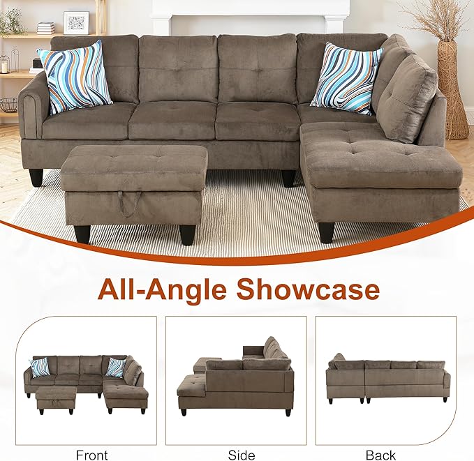 L Shaped Couch Sectional Couch Upholstered Velvet 3 Pieces Sofas for Living Room with Chaise, Ottoman with Storage for Office and Small Apartment, Brown Pineapple
