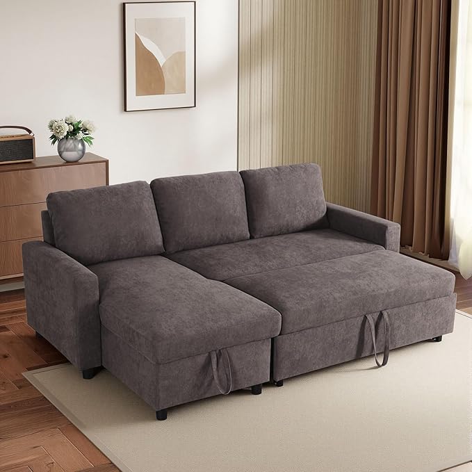 L-Shaped Sleeper Sofa with Chaise Lounge & Storage, Pull-Out Couch Bed with Recliner, Full Size Futon for Living Room, Office, Apartment, Coffee