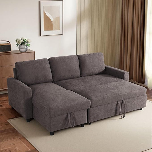 L-Shaped Sleeper Sofa with Chaise Lounge & Storage, Pull-Out Couch Bed with Recliner, Full Size Futon for Living Room, Office, Apartment, Coffee
