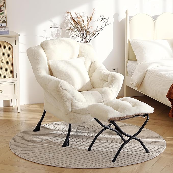 Lazy Chair with Ottoman, Large Lvory Accent Chair with Ottoman and FA Throw Pillow, Comfy Plush Reading Chair for Living Room Bedroom Dorm Room Office Apartment Relaxing Use