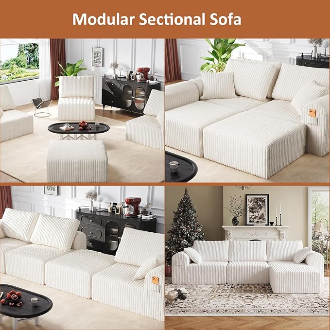 106" Boneless Couches for Living Room, Modular Sectional Sofa, L-Shape Sofa Couches,Cloud Couch Sectional, Comfy Corduroy Sofa, with Deep Seat, No Assembly Required (Beige, 3 Seater + 1 Ottoman)