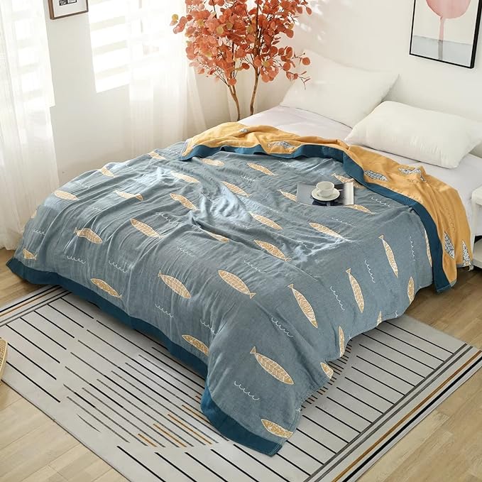 Boho Throw Blanket for Bed 100% Cotton Ultra Soft Rustic Quilt Spring Blanket Fish Farmhouse Decor Bed Blankets,80"x90" All Season Rustic Throw for Sofa Couch Chair