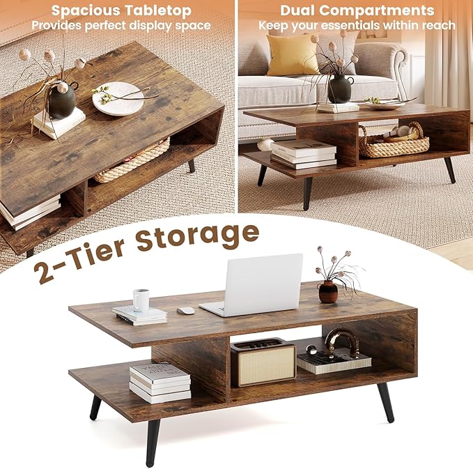 GOFLAME Wood Coffee Table, 2-Tier Mid Century Modern Center Table with 2 Open Storage Compartments & Metal Legs, Rectangular Accent Tea Tables for Living Room, Home Office, Apartment, Rustic Brown