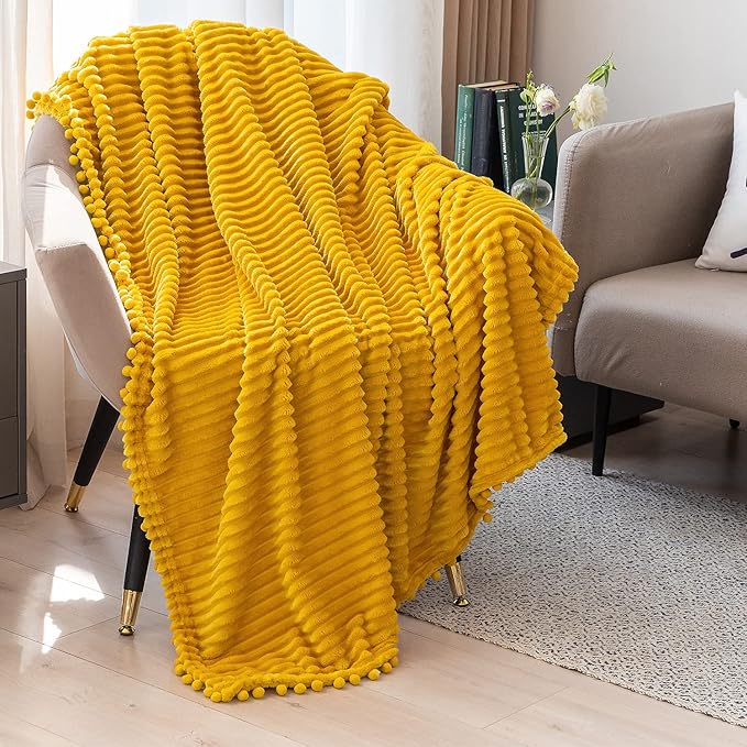 DISSA Fleece Blanket Queen Size – 90x90, Yellow - Soft, Plush, Fluffy, Fuzzy, Warm, Cozy – Perfect Throw for Couch, Bed, Sofa - with Pompom Fringe - Flannel Blanket