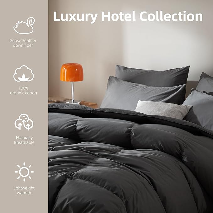 Goose Feather Down Fiber Comforter Queen Size,100% Organic Cotton Duvet Insert,All-Season Luxury Duvet Insert with Baffle Box Design, 750+Fill Power Hotel Collection Bedding Comforter