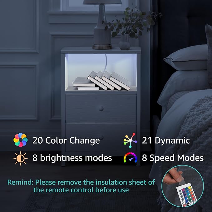 BOLUO White Nightstands Set of 2, Bedroom Night Stand Set Two Nightstand with Charging Station and LED Light, Bedside Table with 2 Fabric Drawers Modern - Image 5