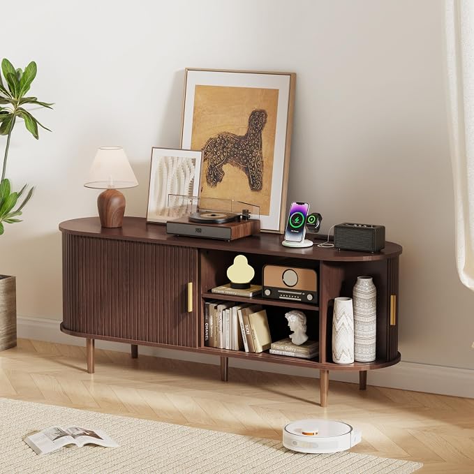DHH 55 Inch Mid Century Modern TV Stand with Power Outlet for TVs up to 60 Inch, Entertainment Center with Storage and Adjustable Shelves, Media Console with Sliding Doors for Living Room(Walnut) - Image 6