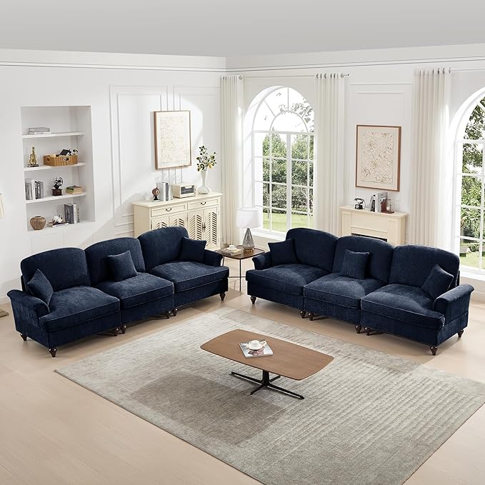 KEIKI Mid Century Modular Sofa with Flared Arms and Skirted Design, 107” Oversized 3-Seater Luxury Chenille Sectional Couches Set for Living Room, Modern Comfortable for Big Living Spaces, Blue