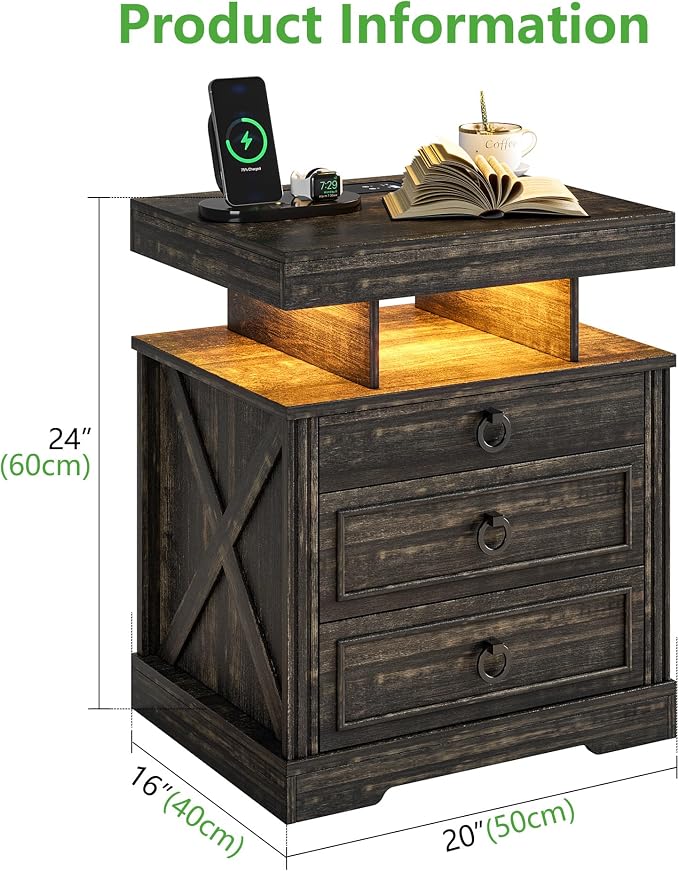 WOOVIVS Side Table with Gun Drawer - Farmhouse Night Stand with Charging Station for Bedroom, Smart End Table with LED Lights for Livingroom, Hidden Compartment Nightstands-Rustic Brown - Image 3