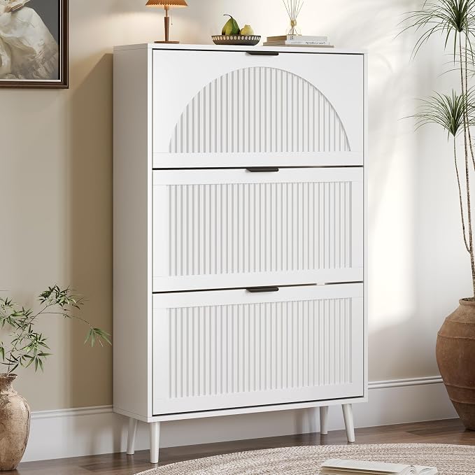 BORNOON Shoe Cabinet for Entryway with 3 Flip Drawers, Slim Wooden Shoe Storage Organizer with Modern Fluted Pannel，Freestanding Narrow Hidden Shoe Rack for Hallway, Foyer, Living Room by BORNOON