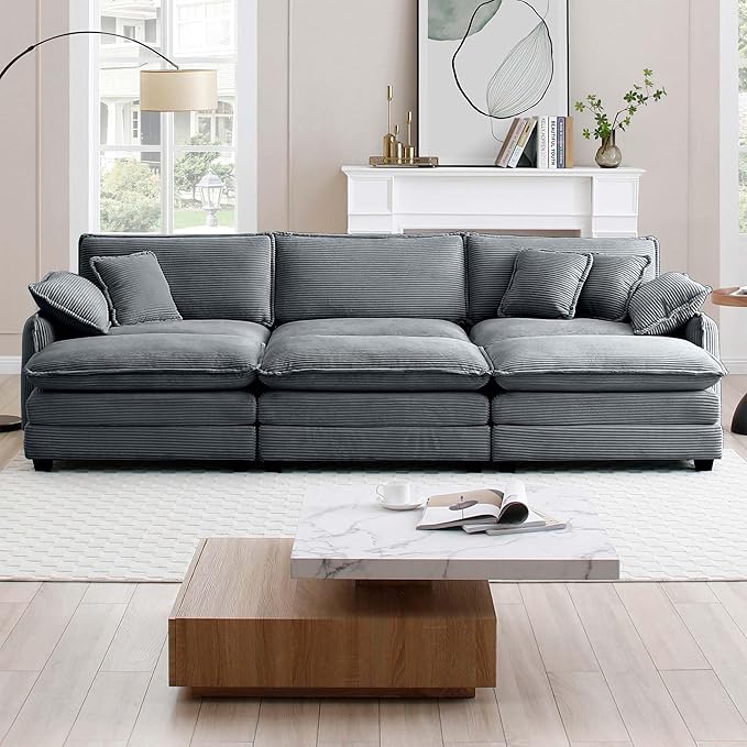 KEIKI 115" Oversized Corduroy Modular Sectional Sofa with 3 Ottoman, High-Density Foam Cushions, Removable Armrests, Upholstered 3-Seater Fluffy Corner Couch with 5 Pillow, for Living Room, Grey