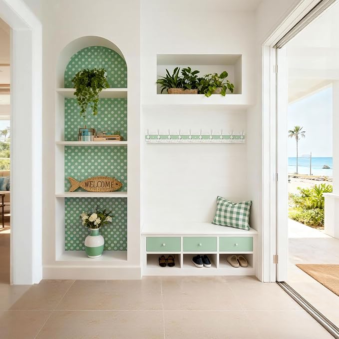 SKOLOO Coastal Wall Mounted Coat Rack - 38-1/8" Beach House Entryway Wooden Coat Hook with 10 Hooks for Hanging Coats, Hats or Towels, Oceanfront Cottage Core Collection, White & Green - Image 4