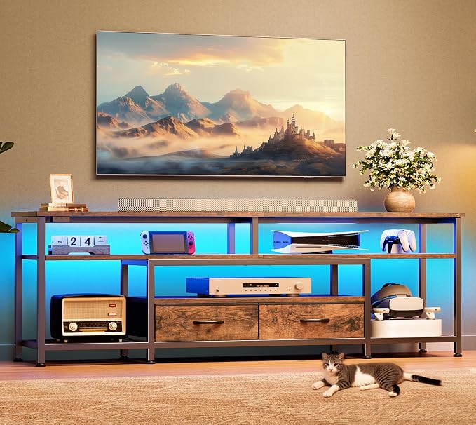 Huuger 63 Inch LED TV Stand for 65 70 Inch TV, Entertainment Center with Open Shelves and Power Outlets, TV Console for Living Room, Media Console with Drawers, Rustic Brown, 8779FC - Image 8