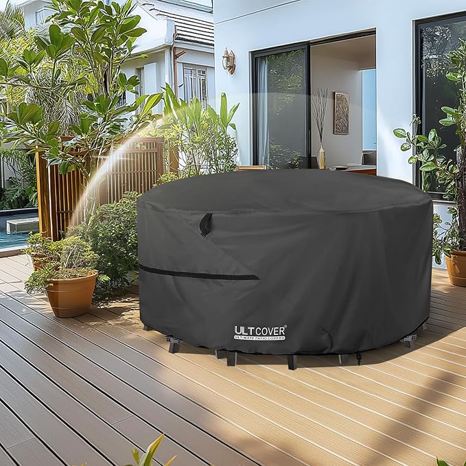 ULTCOVER Round Patio Furniture Cover - Outdoor Waterproof Table with Chair Set Cover 92 inch, Black - Image 7