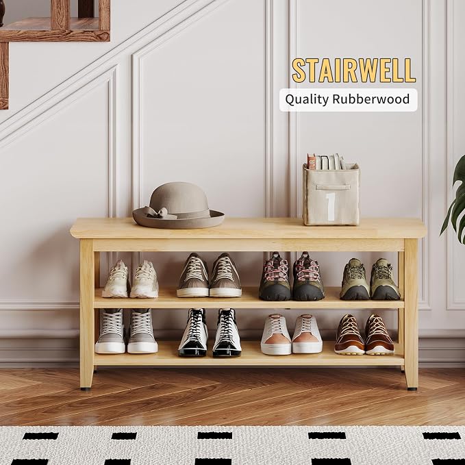 Wood Shoe Bench for Entryway,Bench with Shoe Rack,Storage Shoe Organizer for Hallway,Living Room,Bedroom (Natural, 39.37''W×11.81‘’D×17.71‘’H) - Image 9