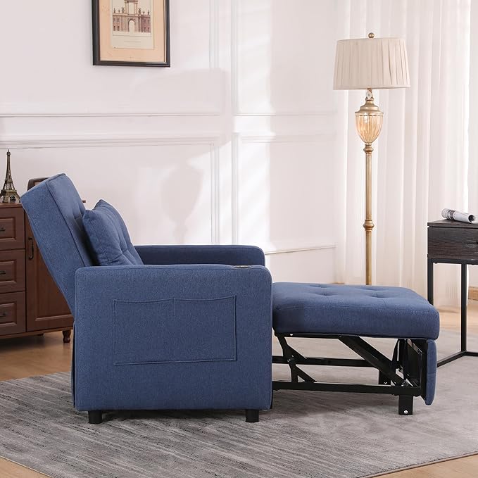 Ball & Cast 3 in 1 Sleeper Sofa Bed,Convertible Pull Out Couch with USB Ports and Side Pocket,Single Sofa Chair W/Adjustable Backrest,Futon Chaise Lounge for Living Room,Apartment,Blue,31"