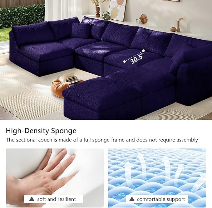 Modular Sectional Sofa Boneless Cloud Couch for Living Room, U Shape Deep Seat Recliner Sofa with Ottoman, Adjustable Backrest & 2 Throw Pillows - Covers Washable, (Purple, 5 Seater+2 Ottoman)