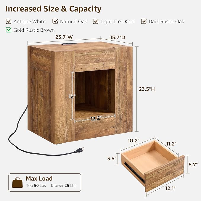 OKD 24" Wide Modern Nightstand, Wood Night Stand with Charging Station & Hidden Drawer, Side Table Bedroom with Storage Shelf, End Table, Gold Rustic Brown - Image 2