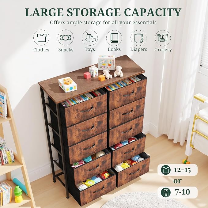 10-Drawer Dresser for Bedroom, Anti-Tip Tall Storage Organizer Chest of Drawers with Wooden Top and Metal Frame Fabric Bins for Closet, Living Room, Hallway, Entryway, Brown - Image 5
