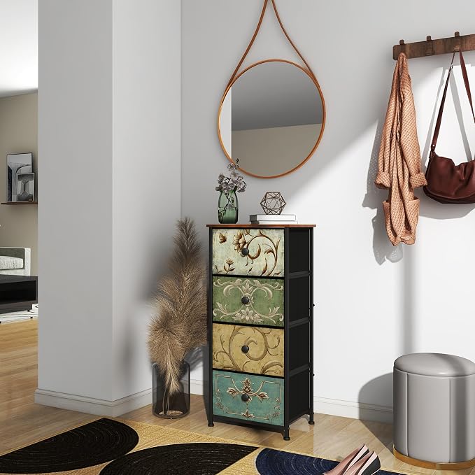 Tohomeor Small Dresser for Bedroom with Retro Flower Narrow Drawers Slim Chest of Drawers Skinny Nightstand Sofa End Table for Living Room Entryway Closet Storage (Multi, 4 Drawers) - Image 7
