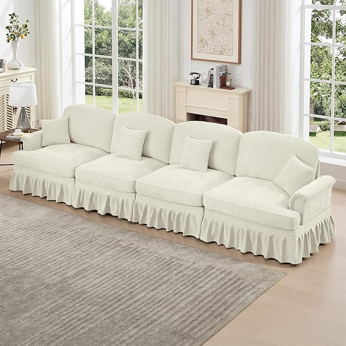 KEIKI Mid Century Modular Sofa with Flared Arms and Skirted Design, 137“ Oversized 4-Seater Luxury Chenille Sectional Couches for Living Room, Big Comfy Couch Bedroom Furniture, Beige White