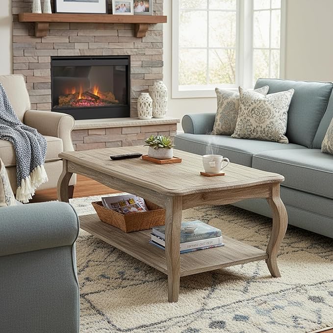 Alaterre Furniture Austerity 42-Inch Rustic Coffee Table with Open Shelf, Curved Legs, and Scalloped Edge - Easy Assembly Reclaimed Wood Living Room Table - Farmhouse Furniture (Driftwood Finish)