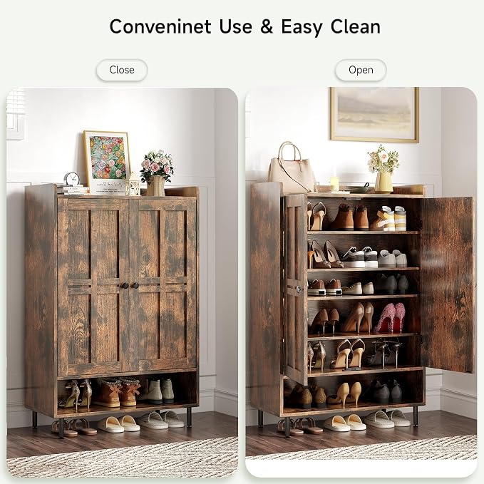 ONBRILL Shoe Storage Cabinet with Cross Molding Doors, 6-Tier Shoe Cabinet with 3 Adjustable Shelves and Metal Legs, 45 Inch Tall Shoes Rack Organizer for Entryway, Front Door, Rustic Brown - Image 7