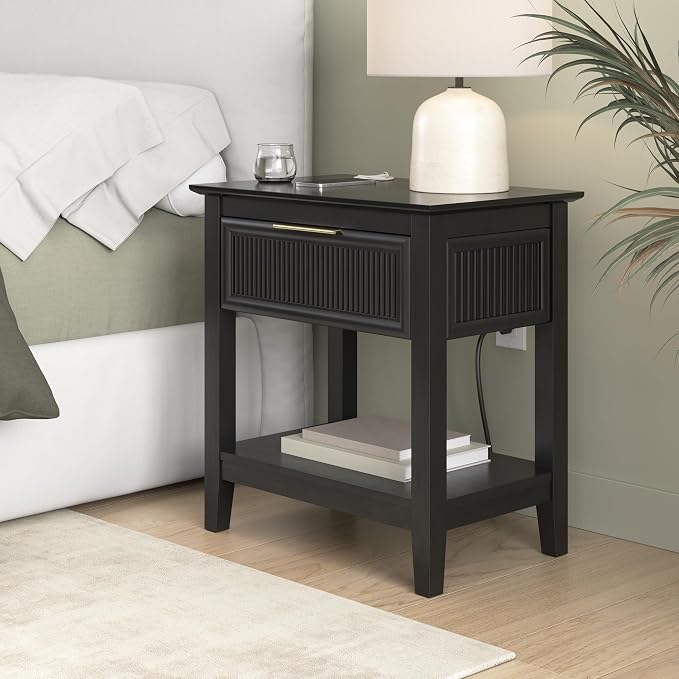 Bush Home Fluted Nightstand with Drawer, Bedroom Furniture, Camille Collection, Onyx Birch Black by BushHome