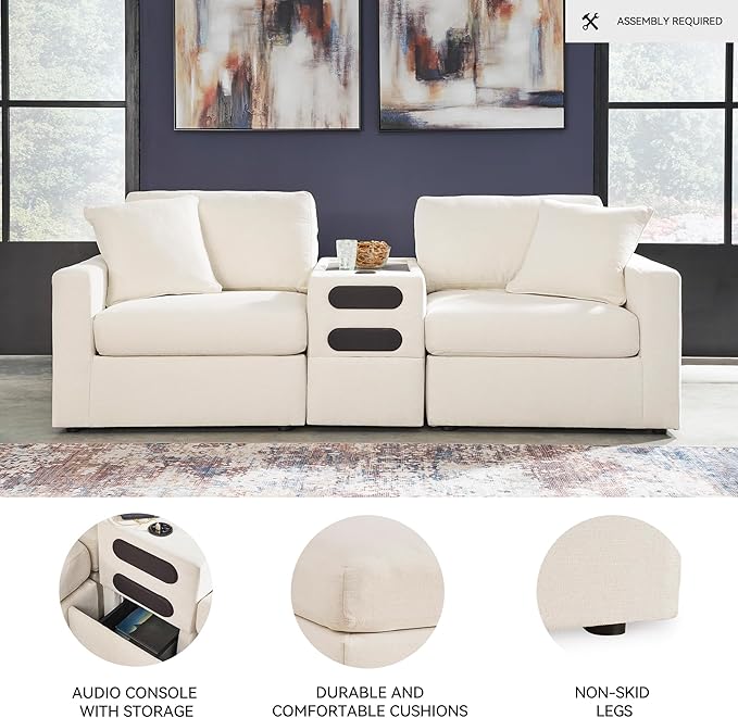 Signature Design by Ashley Modmax Coastal Modular Stain Resistant 3-Piece Sectional with Audio Console, Drawer, USB Ports and 2 Accent Pillows, Beige