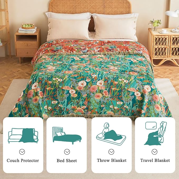 Boho Throw Blanket - 90"x90" 100% Cotton Ultra Soft Lightweight Spring Blanket, 4-Layer Breathable Muslin Blankets for Bed Couch, Reversible Green Floral Printed Bohemian Cotton Quilt