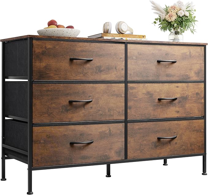 WLIVE Dresser for Bedroom with 6 Drawers, Wide Dresser TV Stand for 50 Inches TV, with Fabric Drawers, Metal Frame, Wooden Top, Storage Dressers for Bedroom, Hallway, Entryway, Rustic Brown by WLIVE