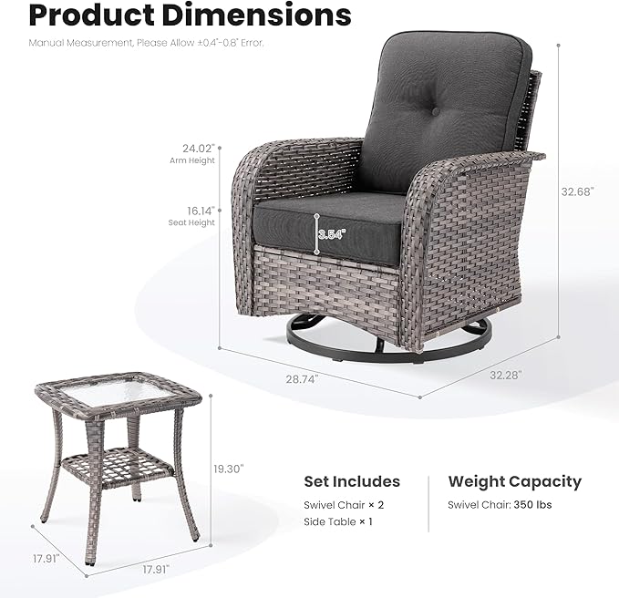 ovios 3-Piece Patio Furniture Set, Outdoor Wicker Sofa with Swivel Chairs, High Back Rattan Gliders Rocker with Comfy Cushions for Porch Yard Deck, Black