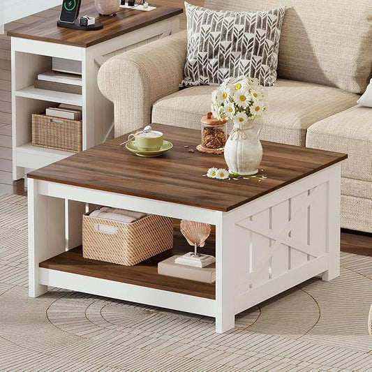 DWVO Farmhouse Coffee Table, Square Coffee Table with Storage, Rustic Wood Cocktail Table, for Living Meeting Room with Half Open Storage Compartment, Brown with White