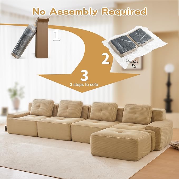 Casaphoria 150'' Corduroy Cloud Couch, 4-Seat L-Shaped Sectional Sofa with 4 Pillows & Ottoman for Living Room, Deep Seat Boneless Couch for Modern Apartment, No Assembly Required, Camel