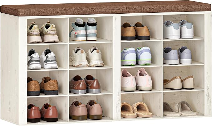 Hzuaneri Shoe Bench with Cushion, Entryway Storage Bench with 16 Cubbies, Cubby Shoe Rack with Adjustable Shelves, Shoe Organizer Cabinet for Living Room, Bedroom, Entryway, Rustic White SB25614KA by Hzuaneri