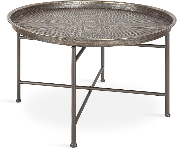 Kate and Laurel Mahdavi Boho-Chic Hammered Metal Tray Coffee Table, Brushed Silver