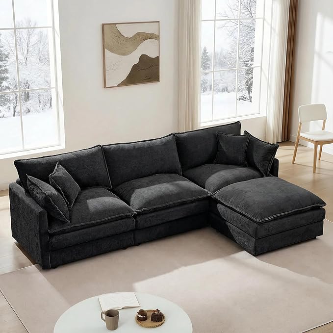 102" Cloud Couch Sectional, Modular Sectional Sofa with Chaise & 4 Removable Washable Pillows, Oversized L-Shaped Couch for Living Room, Modern 3-Seat Cloud Sofa Sectional with Deep Seat, Black