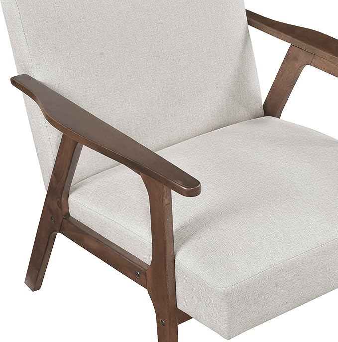 Lexicon Mid Century Modern Accent Chair, Upholstered Lounge Armchair, Single Sofa Seat, Brown Finish Solid Wood Framed Comfy Side Chairs for Living Room/Bedroom/Office/Waiting Area, Beige