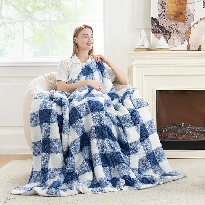 Cozy Bliss Luxury Sherpa Throw Blanket for Couch, Premium Reversible Buffalo Plaid Thick Throw, Warm Cozy Soft Blanket for Home and Gifts (Navy Blue, 50" x 60")