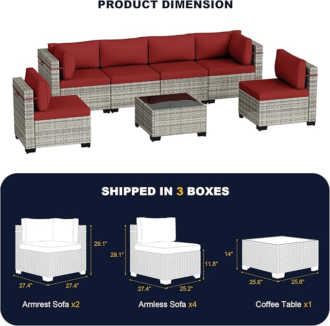 7-Piece Outdoor Patio Furniture Set, PE Wicker Rattan Sectional Sofa Conversation Set with Tempered Glass Table & Thick Cushions - All-Weather Garden, Backyard Furniture, Red