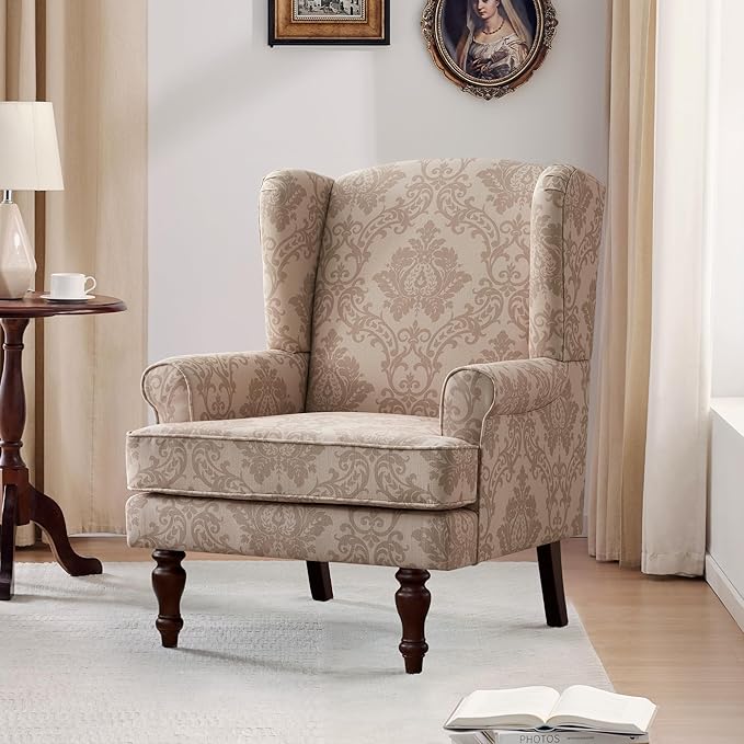 HUIMO Printed Wingback Accent Chair, Linen Upholstered High Back Armchair, Comfy Reading Chair for Living Room Bedroom Study, 300lbs Weight Capacity (1, Brown Floral)