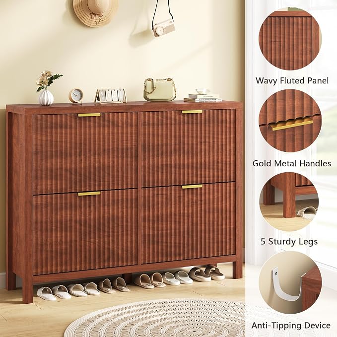 YOMILUVE Shoe Cabinet Storage for Entryway, Fluted Walnut Shoe Cabinet with 4 Flip Drawers, Hidden Shoe Rack Freestanding Wooden Shoe Organizer with Legs for Hallway - Image 6