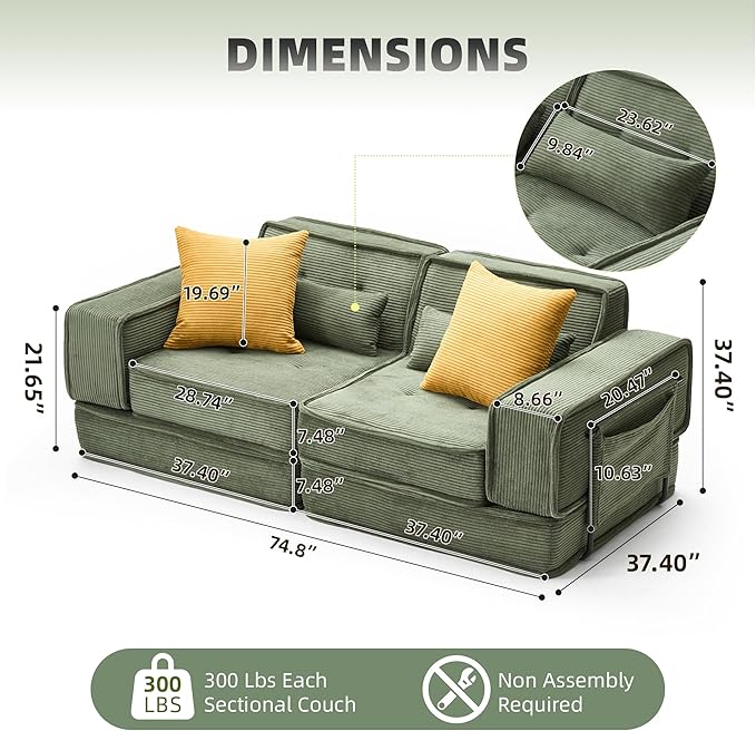 Modular Sofa Bed, No Assembly Required Sectional Couch for Living Room, Compressed Cloud Couch with Corduroy Fabric & Lumbar Pillows, Small Space Furniture Green