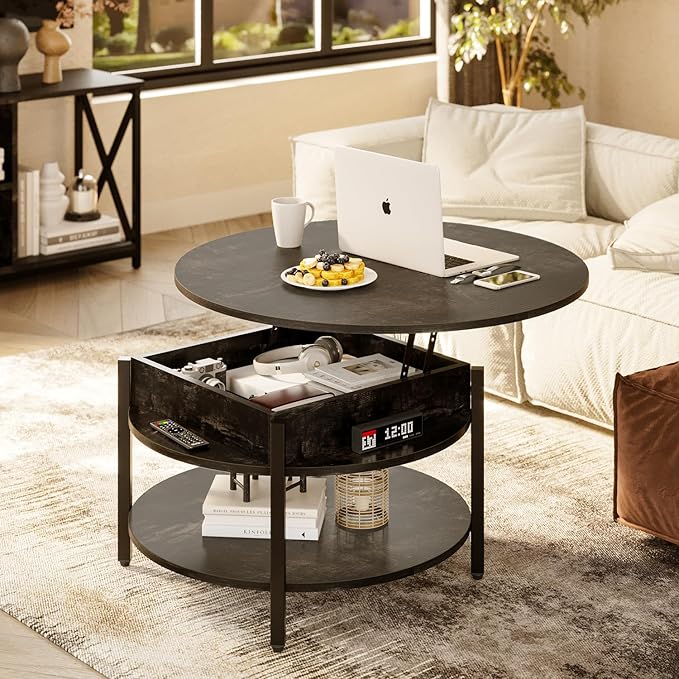 FABATO Round Lift Top Coffee Table with Storage and Hidden Compartment, 26.77'' Farmhouse Coffee Table for Living Room Reception Room, 2 Tier Small Round Coffee Table Circle Dining Table, Black Oak | Lift Top, with Storage, Hidden Compartment, Farmhous...